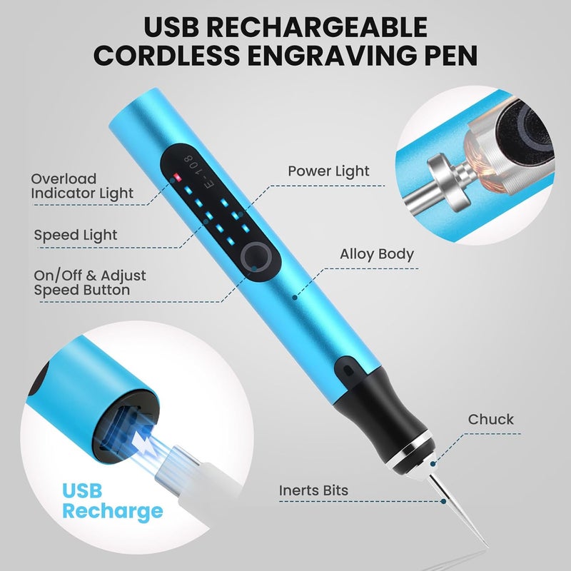 Timntts Electric Engraving Pen with 37 Bits, USB Rechargeable Cordless Etching Engraving Tool, Portable DIY Rotary Engraver for Jewelry Wood Glass Stone Carving (Blue) - Image 2